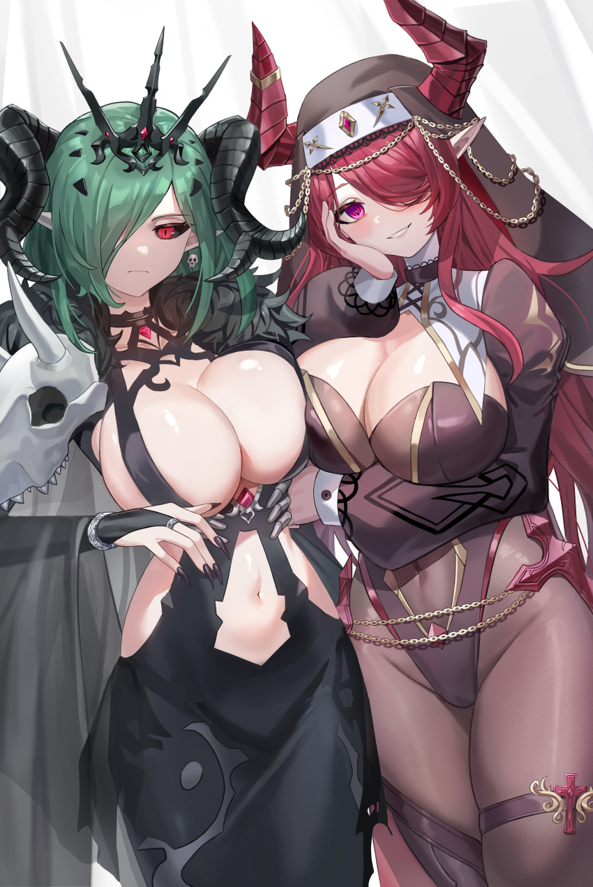 2girls absurdres black_horns breast_press breasts bridal_gauntlets cleavage cross curled_horns demon_girl demon_horns dress earrings grey_hair habit hair_over_one_eye highres horns jewelry large_breasts leotard long_sleeves multiple_girls nail_polish navel nun original pantyhose pointy_ears puffy_long_sleeves puffy_sleeves purple_eyes red_eyes red_hair skl skull_earrings slit_pupils smile tiara