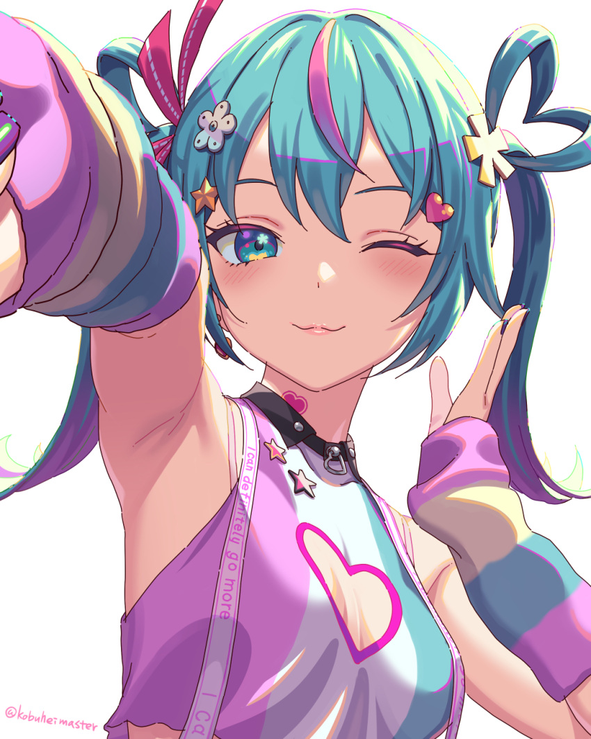 ;) aida_takanobu arm_up armpits bare_shoulders blush breasts cleavage_cutout closed_mouth clothes_writing clothing_cutout deco_miku english_text female flower green_hair hair_between_eyes hair_flower hair_ornament hatsune_miku heart heart_hair_ornament highres looking_at_viewer medium_hair one_eye_closed reaching reaching_towards_viewer simple_background small_breasts smile solo star_(symbol) twitter_username upper_body vocaloid white_background