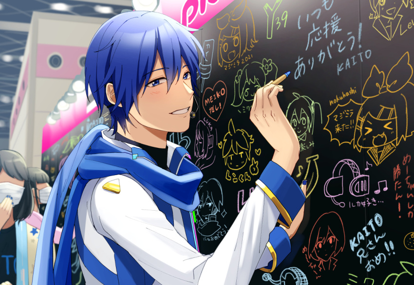 >_< 1boy 2girls :d blue_eyes blue_hair blue_scarf blurry blurry_background chalkboard character_name coat commentary crayon faceless faceless_female hatsune_miku headphones indoors kagamine_len kagamine_rin kaito_(vocaloid) kaito_(vocaloid3) long_sleeves looking_at_viewer magical_mirai_(vocaloid) magical_mirai_miku magical_mirai_miku_(2021) male_focus mask megurine_luka meiko_(vocaloid) mouth_mask multiple_girls nokuhashi scarf short_hair smile solo_focus upper_body v vocaloid white_coat writing