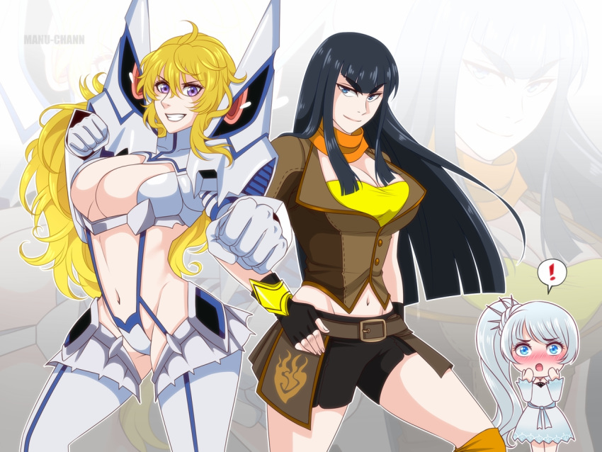 3girls ahoge asymmetrical_legwear belt black_gloves black_hair black_shorts blonde_hair blue_eyes boots breasts brown_jacket buckle cleavage commission cropped_jacket crossover dress earrings ember_celica_(rwby) fingerless_gloves fire gloves gun high_collar high_heels jacket jewelry junketsu kamui_(kill_la_kill) kill_la_kill kiryuuin_satsuki lace lace-trimmed_skirt large_breasts long_hair long_sleeves manu-chann midriff multiple_girls necklace orange_scarf patreon pendant petticoat ponytail puffy_short_sleeves puffy_sleeves purple_eyes revealing_clothes rwby scar scar_across_eye scarf shell_casing shirt short_sleeves shorts shotgun side_ponytail skirt stomach strapless strapless_dress swap thick_eyebrows thigh_boots thighhighs thighs tiara tubetop vambraces waist_cape wavy_hair weapon weiss_schnee white_dress white_hair white_legwear wide_sleeves yang_xiao_long yellow_shirt