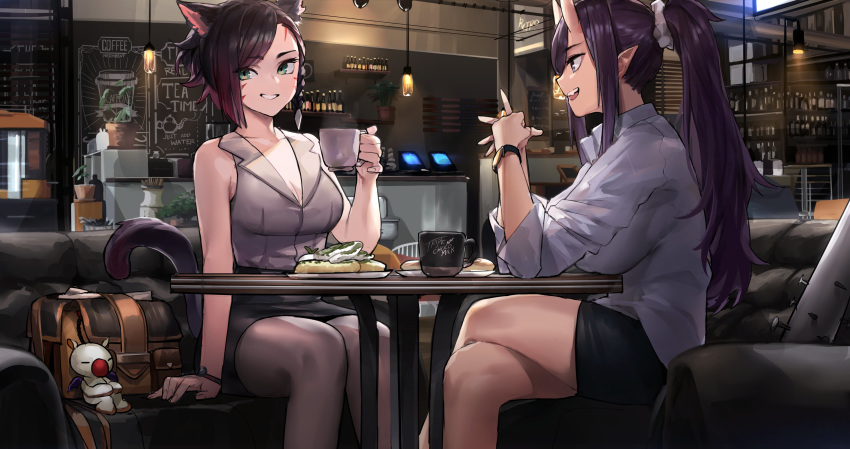 2girls absurdres animal_ears bag bar_(place) bare_arms bare_shoulders baseball_bat black_hair black_skirt breasts cat_ears cat_tail cleavage commission couch creature crossed_legs cup dress_shirt facial_mark final_fantasy final_fantasy_xiv green_eyes grey_shirt grin hair_ornament hair_scrunchie highres holding horns indoors large_breasts long_hair looking_at_another looking_at_viewer marie_makise miniskirt miqo'te moogle mug multiple_girls nail nail_bat neonbeat oni_horns pantyhose pencil_skirt pointy_ears ponytail profile purple_eyes purple_hair scrunchie shirt shirt_tucked_in short_hair sidelocks sitting skirt sleeveless sleeveless_shirt smile table tail thighs warrior_of_light_(ff14) white_legwear wing_collar wristband