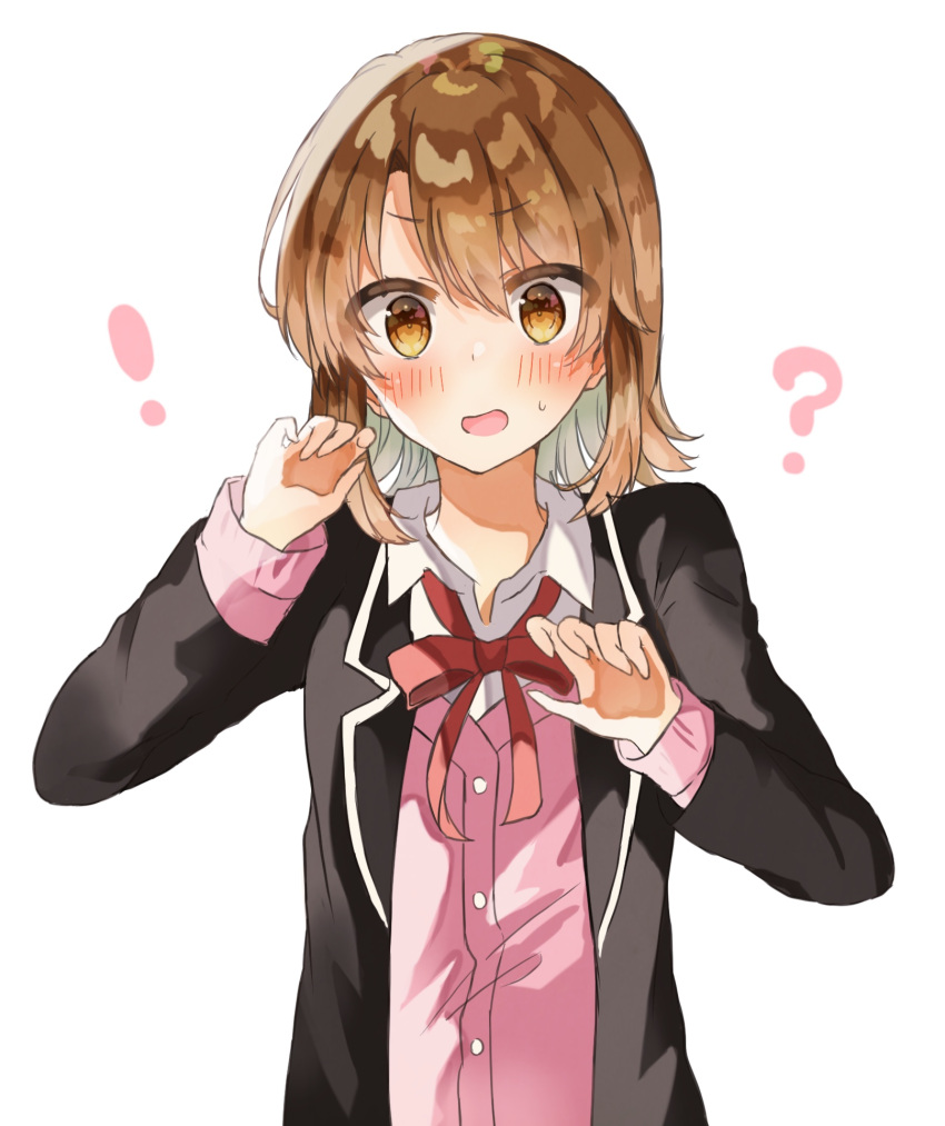 ! ? black_jacket blush brown_eyes brown_hair cardigan collared_shirt commentary_request female highres isshiki_iroha jacket looking_at_viewer neck_ribbon pink_cardigan red_ribbon ribbon school_uniform shirt short_hair simple_background sobu_high_school_uniform solo upper_body white_background white_shirt yahari_ore_no_seishun_lovecome_wa_machigatteiru. yuno_(suke_yuno)