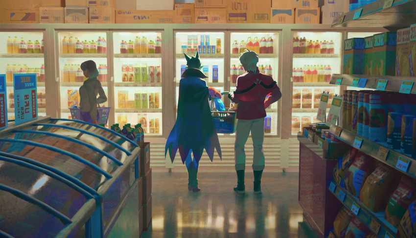 2boys bag black_cape black_hair black_pants black_suit cape coat commentary_request convenience_store draluc_(kyuuketsuki_sugu_shinu) drink female food formal gloves grey_hair grey_pants hand_on_own_hip high_collar highres indoors jacket kyuuketsuki_sugu_shinu male_focus meipu_hm multiple_boys pants pointy_ears red_jacket reflection refrigerator ronaldo_(kyuuketsuki_sugu_shinu) shoes shop shopping shopping_basket short_hair standing suit vampire white_hair