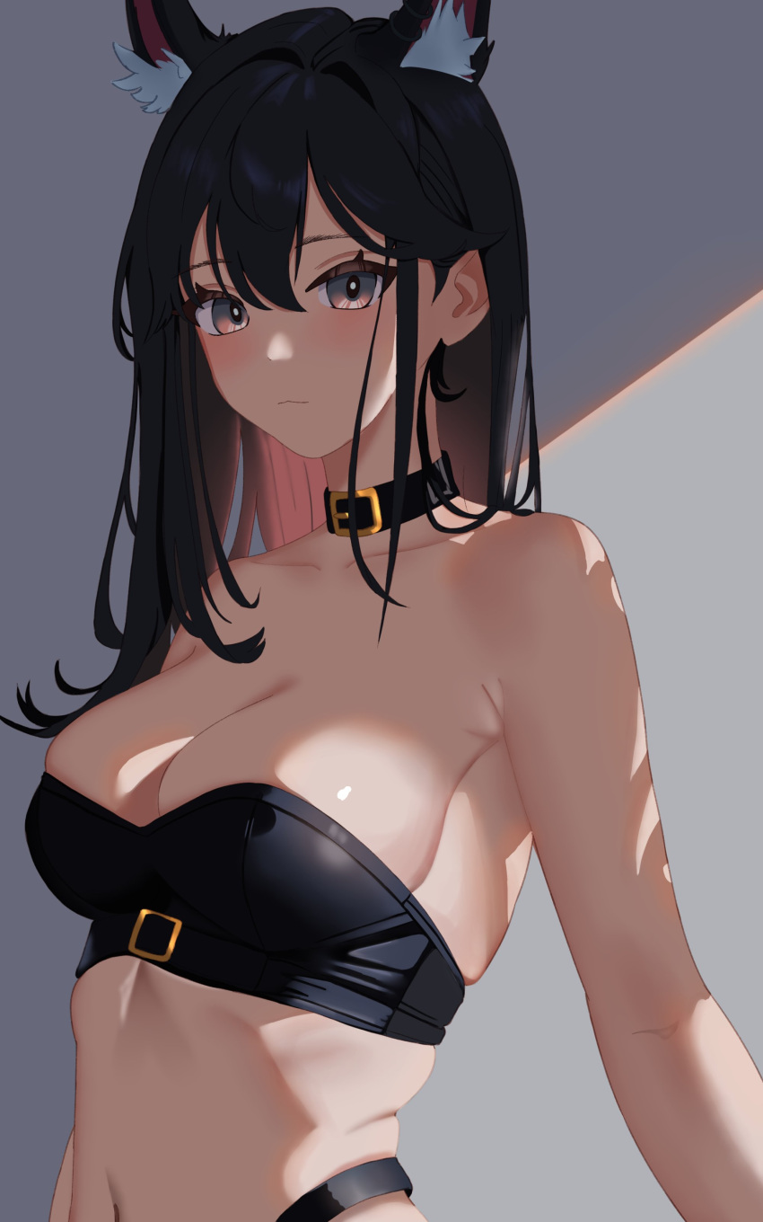 absurdres animal_ear_fluff animal_ears arknights bandeau bare_shoulders binware black_choker black_hair breasts brown_eyes choker cleavage commentary crop_top extra_ears female highres large_breasts long_hair looking_at_viewer midriff solo stomach strapless texas_(arknights) tube_top upper_body wolf_ears