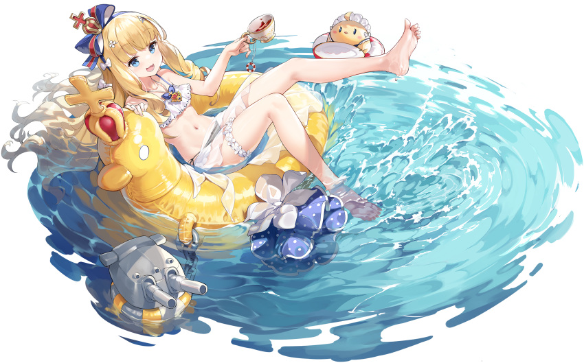 afloat alternate_costume artist_request azur_lane barefoot bikini black_bikini_bottom blonde_hair blue_bow blue_eyes blush bow breasts chains check_artist closed_eyes closed_mouth collarbone crown cup duck_innertube feet female floating flower frilled_bikini frills full_body groin hair_ornament hairband hairbow highres holding holding_cup innertube jewelry legs linea_alba long_hair maid_headdress manjuu_(azur_lane) mini_crown mismatched_bikini multicolored_bow navel necklace non-web_source nose_blush oerba_yun_fang official_alternate_costume official_art open_mouth queen_elizabeth_(azur_lane) queen_elizabeth_(seaside_orders)_(azur_lane) red_bow ribbon rigging sarong saucer see-through see-through_sarong side-tie_bikini_bottom sitting skin_fang smile soles solo spread_toes sweatdrop swim_ring swimsuit tea teacup thigh_strap toes transparent_background turret underboob v-shaped_eyebrows very_long_hair water waves white_bikini white_bow white_sarong