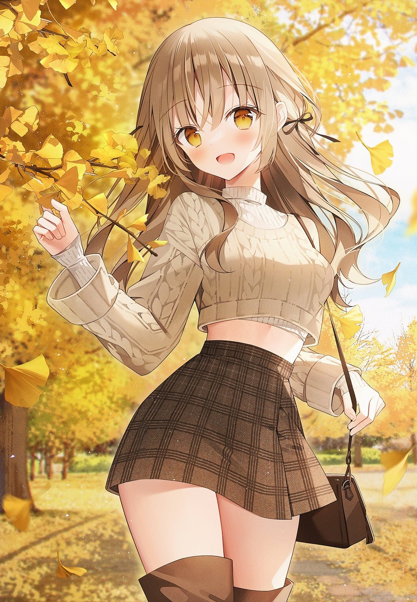 :d aran_sweater autumn_leaves bag breasts brown_hair brown_skirt brown_sweater brown_thighhighs cable_knit commentary cowboy_shot crop_top crop_top_overhang day female ginkgo_leaf hair_ribbon hand_up high-waist_skirt highres leaf long_hair long_sleeves looking_at_viewer medium_breasts midriff miniskirt open_mouth orange_eyes original outdoors plaid plaid_skirt ribbon shirt shoulder_bag skirt smile solo standing sweater symbol-only_commentary thighhighs thighs tree undershirt weri white_shirt zettai_ryouiki