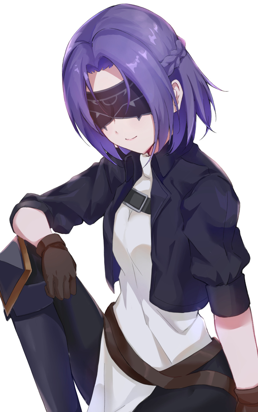 310setsu absurdres black_gloves black_jacket braid closed_mouth collared_jacket female gloves highres jacket jun_(princess_connect!) long_sleeves mask medium_hair open_clothes open_jacket parted_bangs princess_connect! purple_hair short_sleeves simple_background sitting smile solo white_background wing_collar