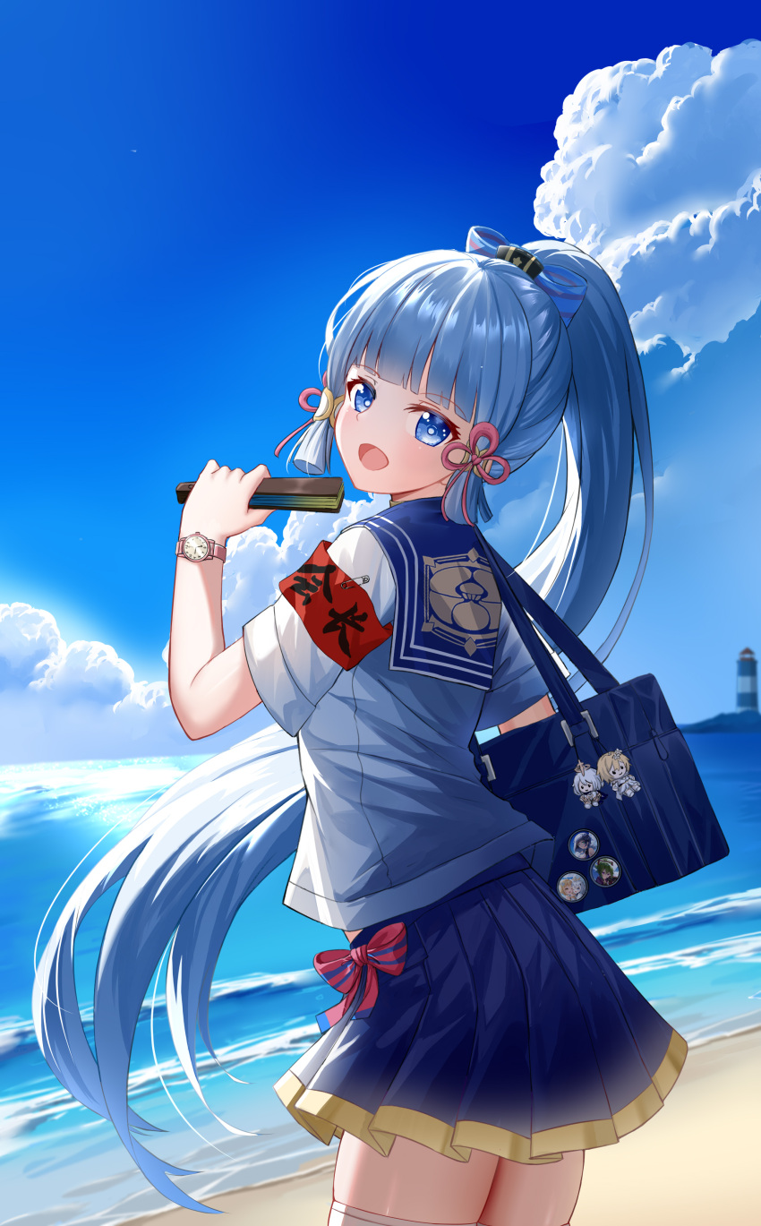 :d absurdres armband bag blue_bow blue_eyes blue_hair blue_sailor_collar blue_skirt blue_sky blunt_bangs bow cloud collared_shirt dutch_angle female floating_hair genshin_impact hair_ribbon hairbow highres holding kamisato_ayaka kuki_shinobu long_hair lumine_(genshin_impact) miniskirt ocean outdoors paimon_(genshin_impact) pink_bow pink_ribbon pleated_skirt ponytail ribbon sailor_collar sailor_shirt school_uniform serafuku shirt short_sleeves skindentation skirt sky skym_(kumei) smile solo standing striped striped_bow thighhighs very_long_hair watch white_shirt white_thighhighs wristwatch yelan_(genshin_impact) zettai_ryouiki