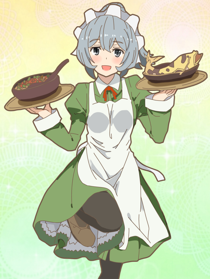 :d black_legwear blush brown_footwear dress dungeon_ni_deai_wo_motomeru_no_wa_machigatteiru_darou_ka female fish food gradient_background green_background green_dress grey_hair highres holding holding_tray juliet_sleeves long_sleeves looking_at_viewer maid_headdress nicolanicconico open_mouth orange_background ponytail puffy_sleeves red_ribbon ribbon simple_background smile solo soup spoon standing standing_on_one_leg syr_flover tray waitress