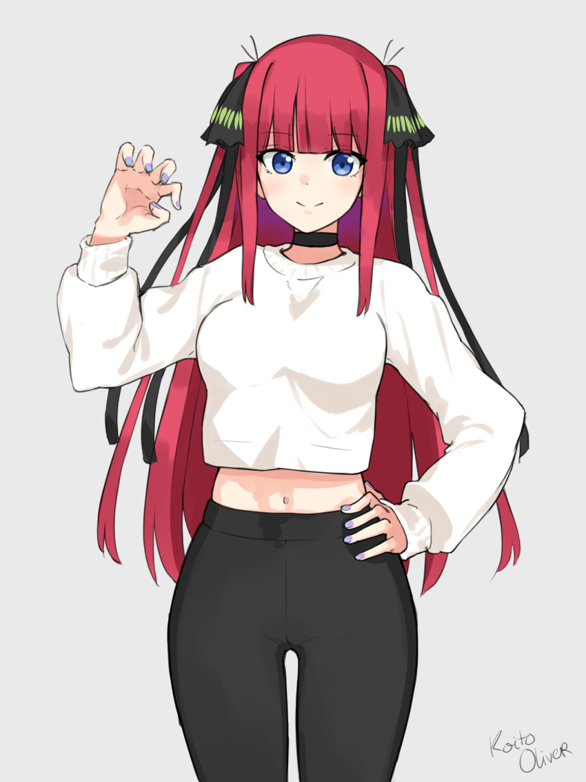 arm_up beige_sweater black_choker black_legwear black_ribbon blue_eyes blunt_bangs breasts butterfly_hair_ornament choker claw_pose female go-toubun_no_hanayome grey_background hair_ornament hand_on_own_hip highres hime_cut large_breasts long_hair looking_at_viewer midriff midriff_peek multicolored_nails nail_polish nakano_nino navel oliver_koito pants pink_hair ribbon signature simple_background sleeves_past_wrists smile solo thick_thighs thighs two_side_up yoga_pants