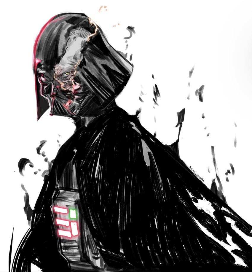 1boy artist_name bald cape darth_vader glowing grey_background helm helmet highres looking_at_viewer male_focus solo spot_color star_wars upper_body yourfreakyneighbourh