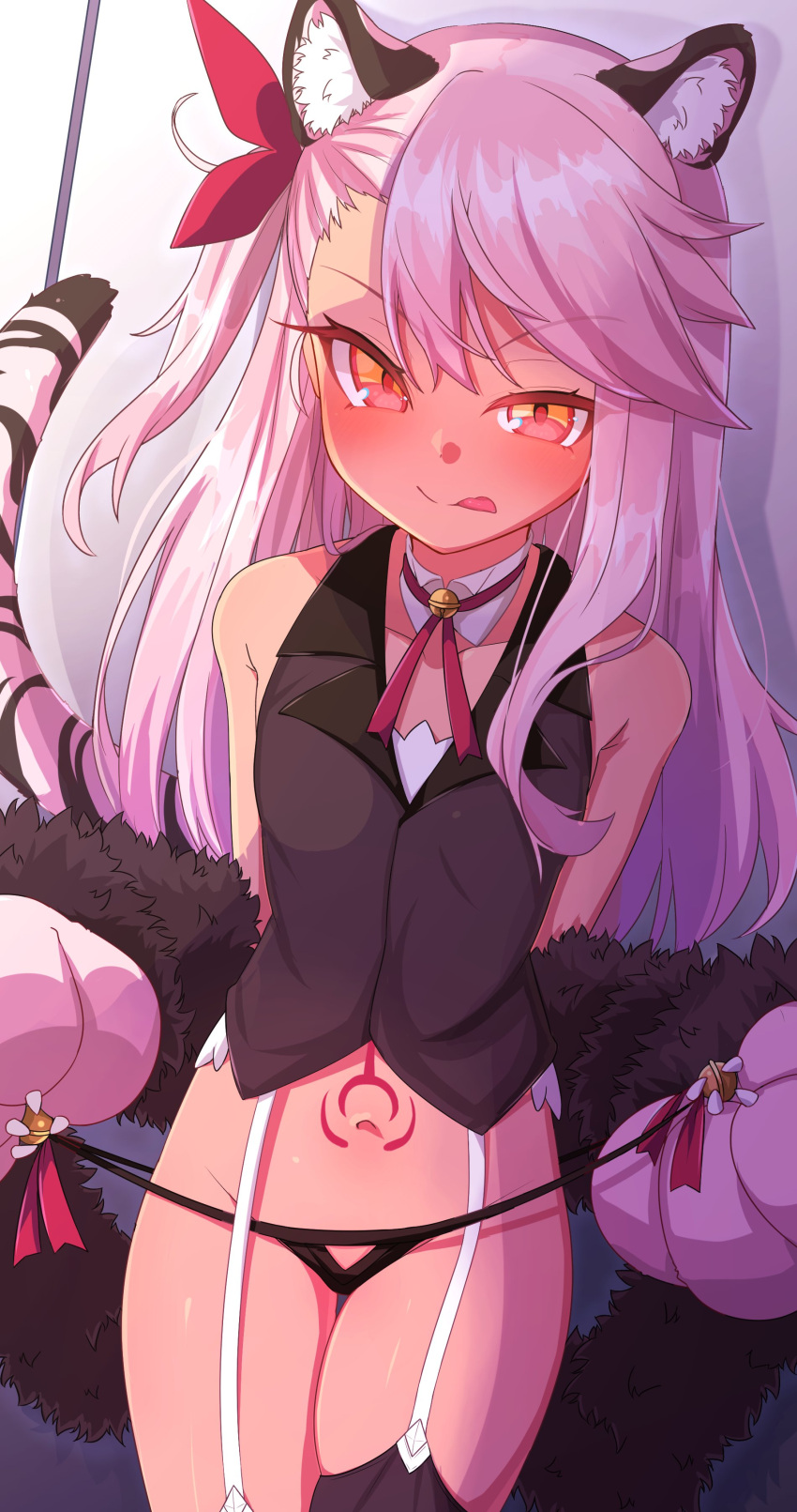 absurdres adapted_costume animal_ear_fluff animal_ears animal_hands bare_shoulders bell black_panties black_thighhighs black_vest blush breasts chawan_(yultutari) chloe_von_einzbern cosplay dark-skinned_female dark_skin fake_animal_ears fate/kaleid_liner_prisma_illya fate_(series) female gloves grey_gloves hair_between_eyes hair_ribbon highres jingle_bell licking_lips long_hair looking_at_viewer miyu_edelfelt miyu_edelfelt_(beast_style) miyu_edelfelt_(beast_style)_(cosplay) navel neck_ribbon one_side_up orange_eyes panties paw_gloves pink_hair red_ribbon ribbon sidelocks small_breasts smile solo stomach_tattoo tail tattoo thighhighs thighs tiger_ears tiger_tail tongue tongue_out underwear vest