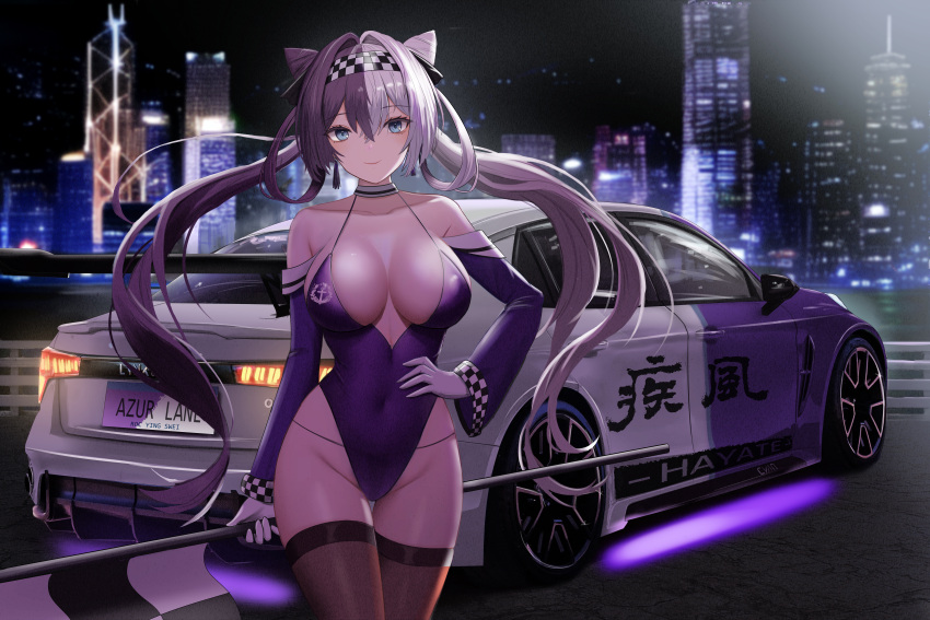 absurdres alternate_costume azur_lane backless_leotard bank_of_china_tower bare_shoulders black_panties blue_eyes blush breasts brown_thighhighs car center_opening character_name checkered_clothes checkered_flag checkered_hairband choker city_lights cityscape cleavage closed_mouth collarbone cone_hair_bun contrapposto copyright_name country_connection covered_navel covered_nipples cowboy_shot crossed_bangs detached_sleeves female flag g-string gloves groin hair_between_eyes hair_bun hair_intakes hair_ribbon hair_rings hairband halterneck hand_on_own_hip harbor highleg highleg_leotard highres holding holding_flag hong_kong kcar66t large_breasts leotard license_plate linea_alba long_hair long_sleeves looking_at_viewer lynk_&_co lynk_&_co_03 motor_vehicle multicolored_hair night night_sky no_bra ocean outdoors panties product_placement purple_hair purple_leotard race_queen race_vehicle railing real_world_location revealing_clothes ribbon see-through see-through_leotard skindentation sky skyline smile solo spaghetti_strap split-color_hair spoiler_(automobile) sports_car string_panties taut_leotard thigh_gap thighhighs thong twintails two-tone_hair underwear urban vehicle_focus very_long_hair victoria_harbor white_choker white_gloves white_hair wind wind_lift ying_swei_(azur_lane)