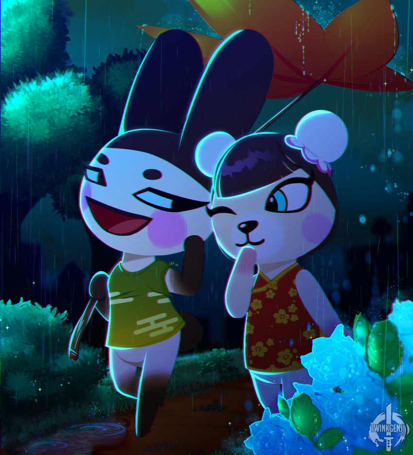 absurd_res animal_crossing anthro blush clothed clothing detailed_background digital_media_(artwork) duo female gaiki genji_(animal_crossing) hi_res lagomorph leporid male mammal nintendo open_mouth pekoe_(animal_crossing) raining smile