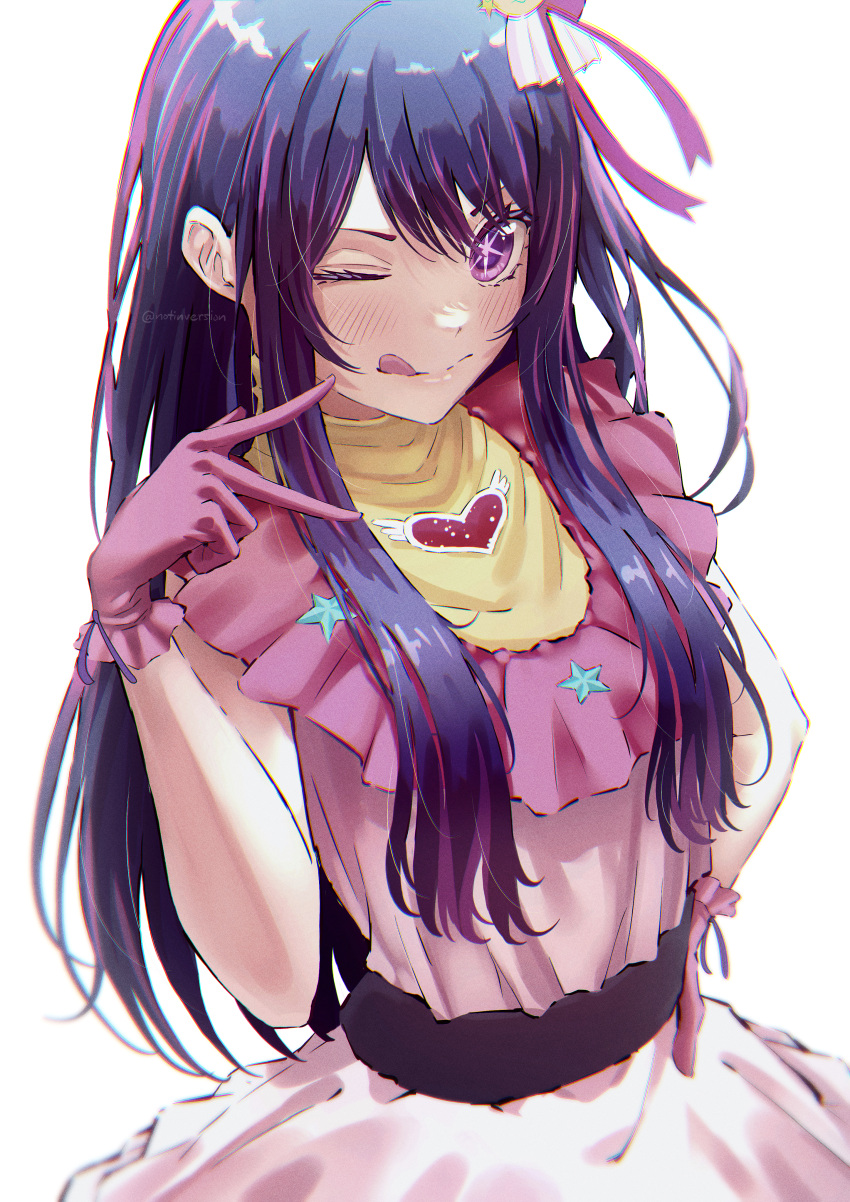 absurdres blush commentary female gloves hair_ornament hand_on_own_hip heart highres hoshino_ai_(oshi_no_ko) idol idol_clothes long_hair looking_at_viewer notinversion one_eye_closed oshi_no_ko pink_gloves purple_hair solo star-shaped_pupils star_(symbol) star_in_eye symbol-shaped_pupils symbol_in_eye tongue tongue_out upper_body white_background