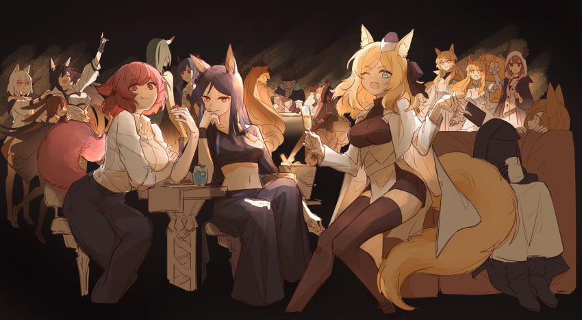 2others 6+girls :q ;d alcohol alternate_costume amiya_(arknights) animal_ear_fluff animal_ears arknights arm_up armchair black_coat black_hair black_headwear black_pants black_shorts blaze_(arknights) blemishine_(arknights) blonde_hair blue_eyes breasts brown_eyes brown_hair brown_legwear bucket cat_ears cat_girl ceobe_(arknights) ch'en_(arknights) chair champagne champagne_flute closed_mouth coat collared_shirt crop_top cropped_legs cup dobermann_(arknights) doctor_(arknights) dog_ears dress drinking drinking_glass dur-nar_(arknights) elite_ii_(arknights) garrison_cap green_hair grey_hair hat highres holding holding_cup hood hooded_jacket horns horns_through_hood horse_ears horse_girl horse_tail hoshiguma_(arknights) jacket jumpsuit kal'tsit_(arknights) kaleka large_breasts long_sleeves looking_at_viewer mask medium_breasts midriff mole mole_under_eye multiple_girls multiple_others navel nearl_(arknights) nearl_the_radiant_knight_(arknights) one_eye_closed open_clothes open_coat pallas_(arknights) pants parted_lips pink_eyes pink_hair rabbit_ears red_eyes shirt short_hair shorts sitting smile stomach swire_(arknights) table tail thighhighs tongue tongue_out underbust vulcan_(arknights) waving whislash_(arknights) white_dress white_jumpsuit white_shirt