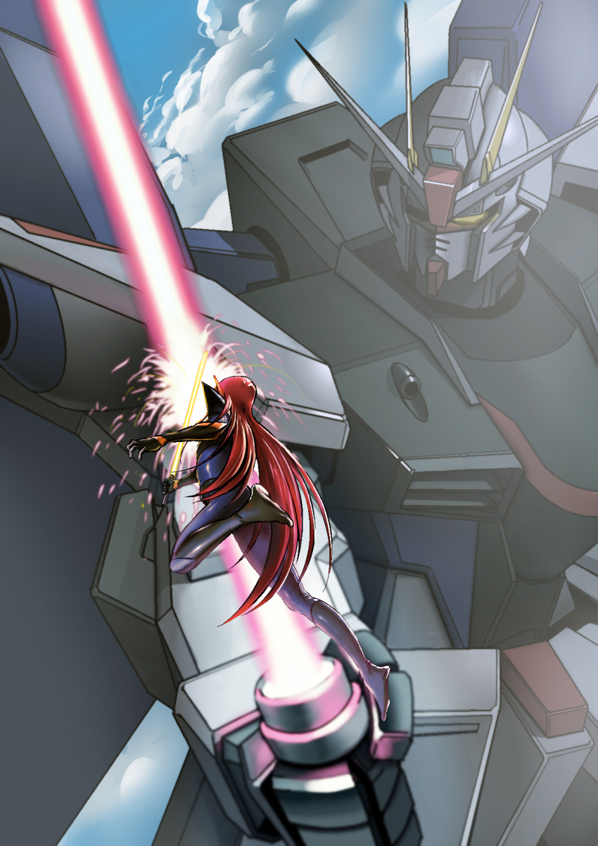 1other alien beam_saber bodysuit crossover energy_sword female freedom_gundam gundam gundam_seed highres holding holding_weapon iczer-2 iczer_(series) kashiki1991 long_hair looking_down mecha photoshop_(medium) red_hair robot science_fiction size_difference skin_tight super_robot_wars super_robot_wars_l sword sword_clash tatakae!!_iczer-1 v-fin weapon yellow_eyes