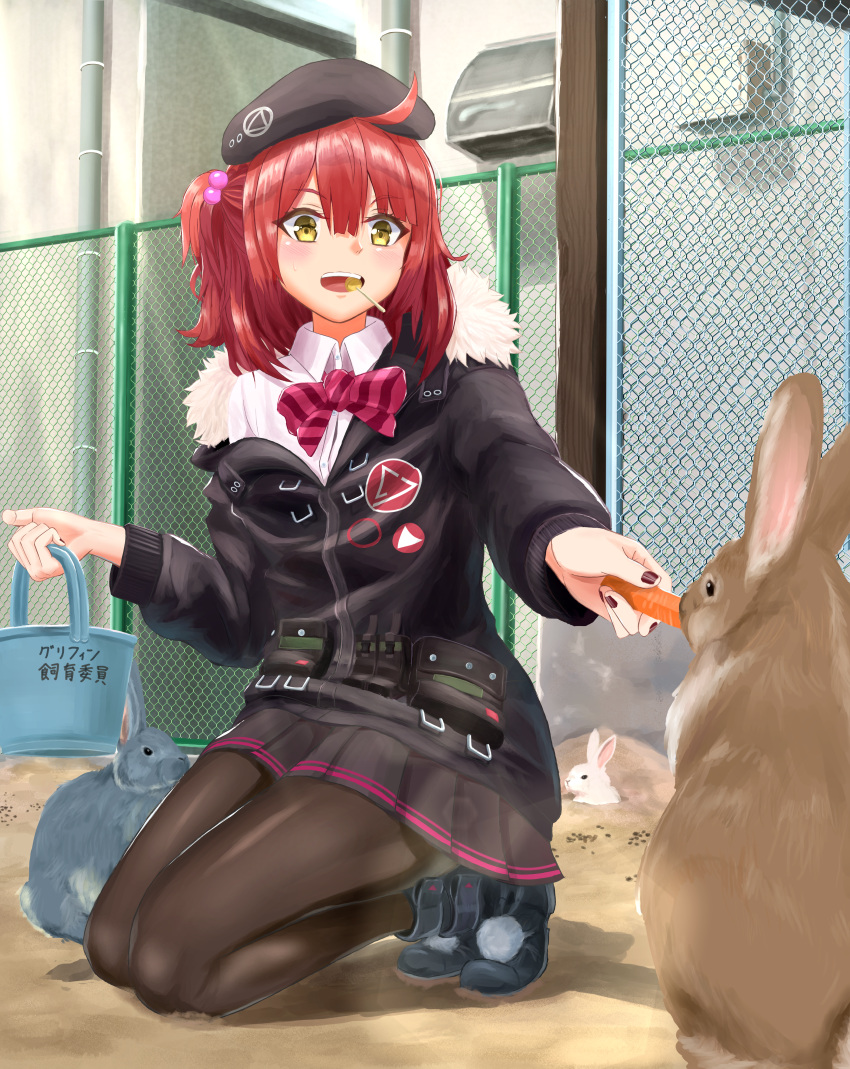 absurdres ahoge beret candy carrot feeding female food fur_trim fusou_(fuso0205) girls'_frontline hat highres kneeling lens_flare lollipop medium_hair mp7_(girls'_frontline) pantyhose rabbit red_hair solo yellow_eyes