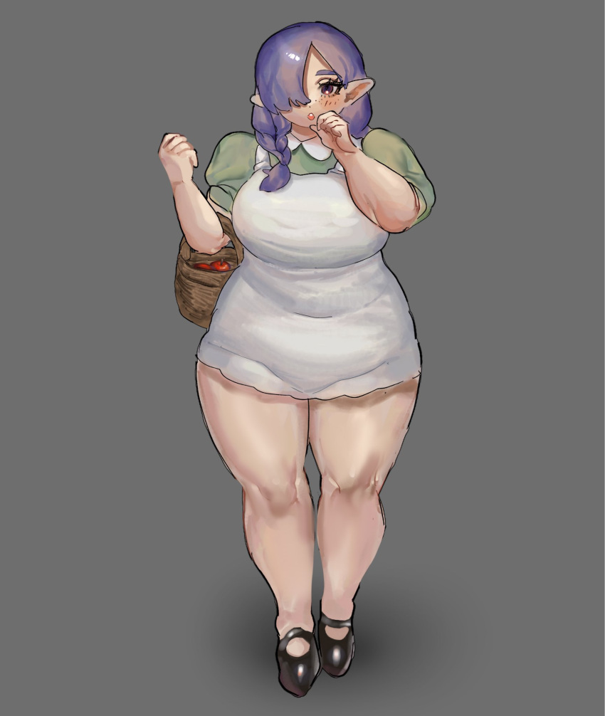 1girls basket chubby fully_clothed green_shirt hair_covering_eye large_breasts nonude open_mouth original_character pointy_ears purple_hair small_mouth thick_thighs tight_clothes waonwaowao3 white_dress wide_hips