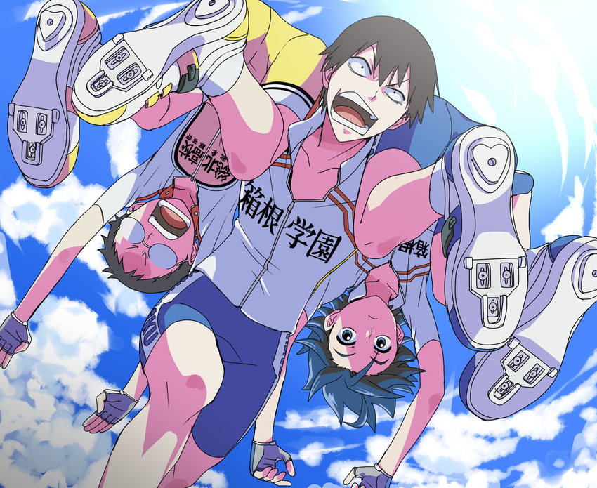 3boys :o arakita_yasutomo black_hair blue_eyes blue_hair carrying_over_shoulder clothes_writing cloud collarbone commentary cycling_uniform day expressionless fingerless_gloves glasses gloves hanging highres jersey kyakya light looking_ahead male_focus manami_sangaku multiple_boys onoda_sakamichi open_mouth running shaded_face shirt shorts sky sportswear sun teeth translation_request upside-down yowamushi_pedal zipper