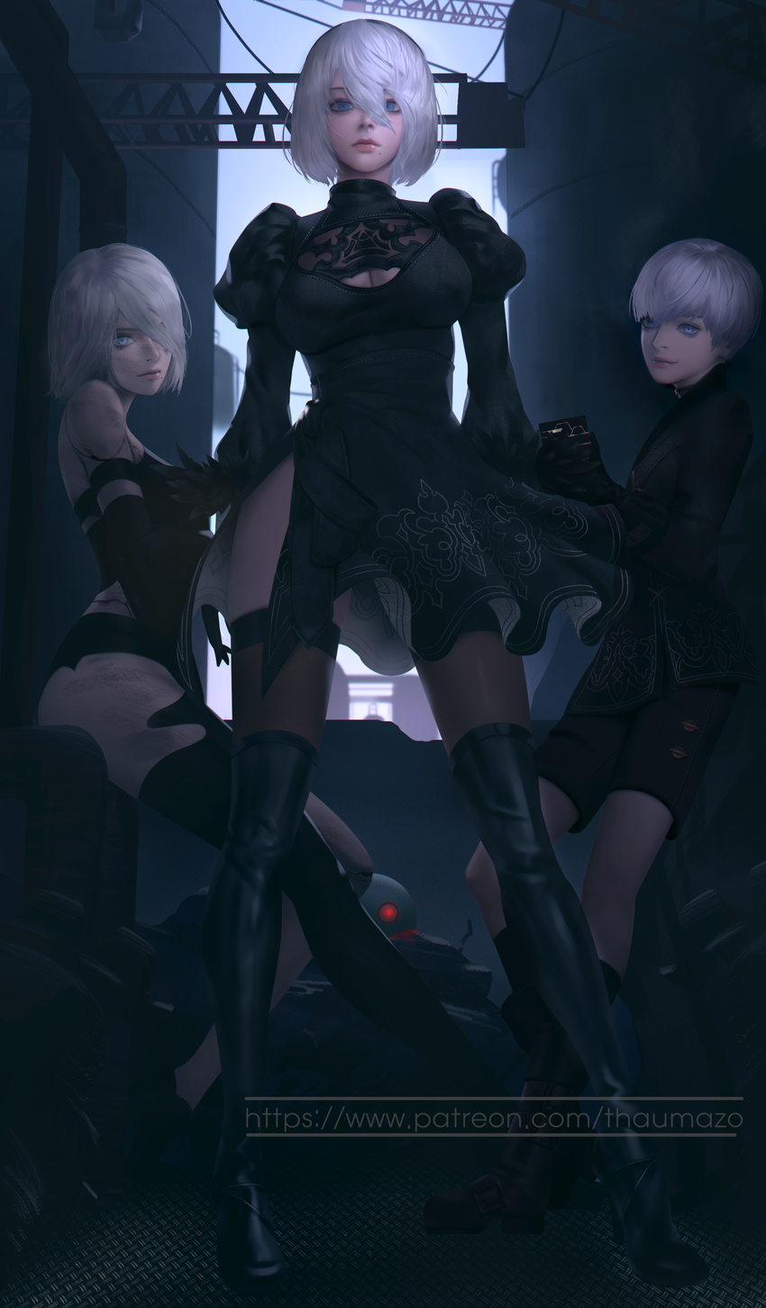 1boy 2b_(nier:automata) 2girls 9s_(nier:automata) a2_(nier:automata) absurdres bad_id bad_pixiv_id black_dress black_legwear blue_eyes breasts cleavage cleavage_cutout clothing_cutout dirty dress elbow_gloves feather-trimmed_sleeves gloves hair_over_one_eye highres looking_at_viewer medium_breasts mole mole_under_mouth multiple_girls nier:automata nier_(series) puffy_sleeves shorts side_slit sitting smile standing thaumazo thighhighs white_hair