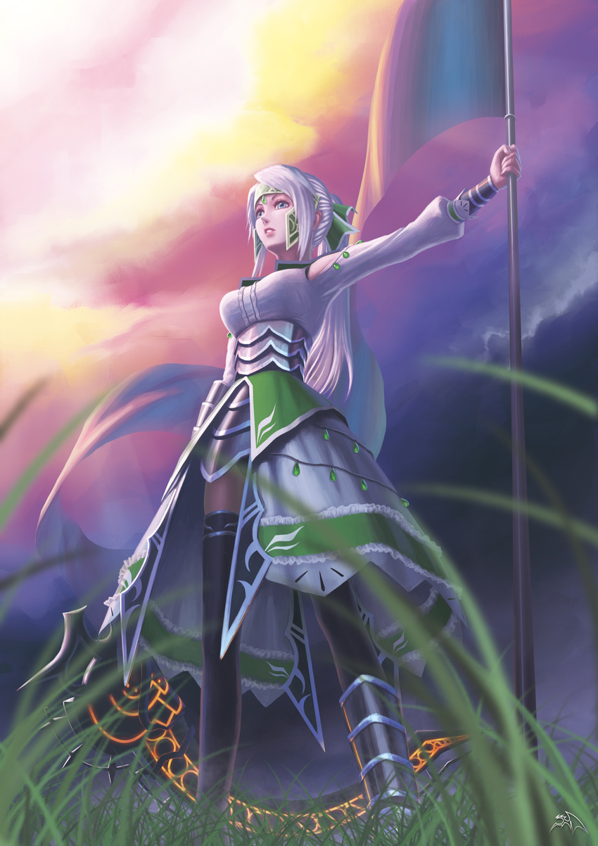 absurdres armor armored_dress blue_eyes commentary darkmuleth fantasy_earth fantasy_earth_zero female flag gloves grass helmet highres photoshop_(medium) ribbon scythe solo standing thighhighs warrior_(azalea_armor)_(fantasy_earth_zero) warrior_(fantasy_earth) white_hair