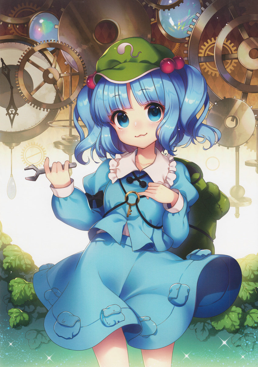 :3 absurdres arm_ribbon backpack bag black_bow black_neckwear black_ribbon blue_eyes blue_hair blue_shirt blue_skirt blunt_bangs blush bow clock closed_mouth clothes_lift collarbone collared_shirt cowboy_shot female flat_cap frilled_shirt_collar frills gears gem green_bag green_hat hair_bobbles hair_ornament hands_up hat highres holding holding_strap holding_wrench juliet_sleeves kawashiro_nitori key layered_clothes leaf long_sleeves looking_at_viewer masaru.jp medium_skirt opal_(gemstone) open_collar parted_bangs pendulum pendulum_clock photoshop_(medium) pocket puffy_sleeves ribbon scan shirt short_hair short_twintails sidelocks skirt skirt_lift skirt_set sleeve_cuffs smile solo sparkle sparks string touhou twintails two_side_up undershirt vest white_shirt wind wind_lift wrench