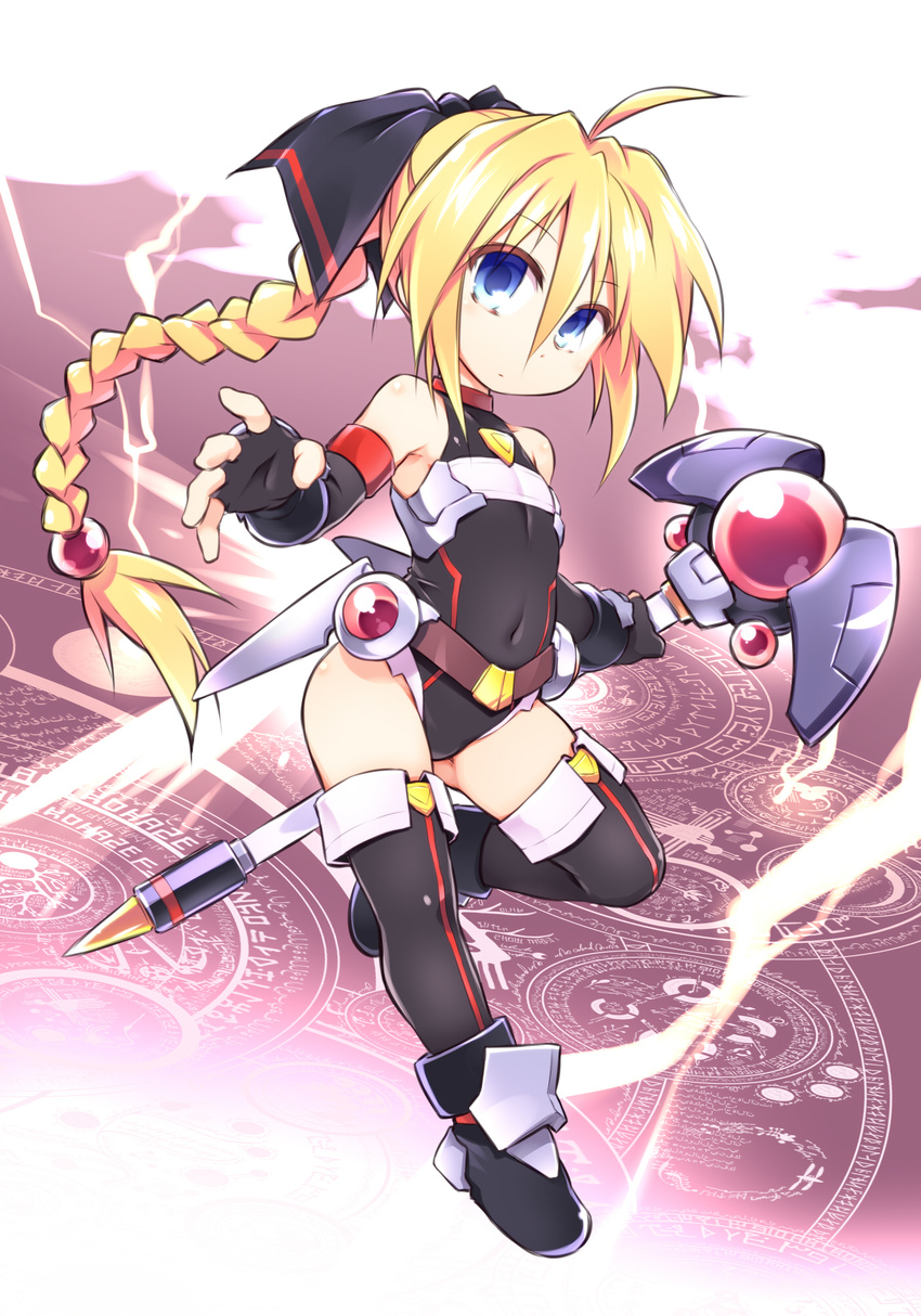 belt black_thighhighs blonde_hair blue_eyes boots bow braid commentary_request covered_navel elbow_gloves female fingerless_gloves girl_with_a_blonde_braid_(tomoshibi_hidekazu) gloves highres leg_lift leotard long_hair magic_circle original outstretched_arms outstretched_hand ribbon single_braid sleeveless solo standing standing_on_one_leg thighhighs tomoshibi_hidekazu very_long_hair wand weapon