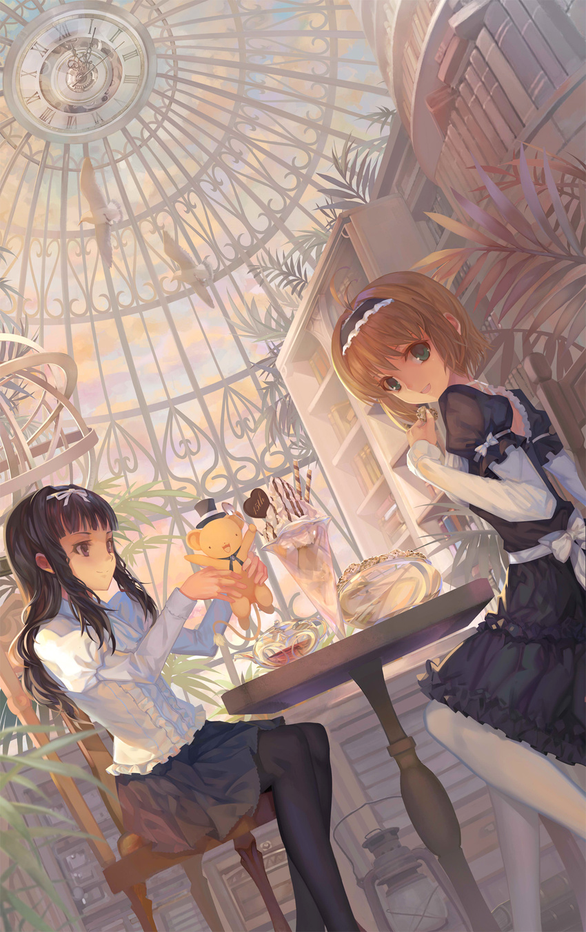 2girls :d analog_clock animal antenna_hair armillary_sphere bird black_dress black_hair black_legwear black_skirt blunt_bangs bob_cut book book_stack bookshelf bow bowl brown_hair cardcaptor_sakura chair chocolate clock closed_mouth cloud commentary_request conservatory cookie cream daidouji_tomoyo dome dress dutch_angle food frilled_dress frilled_shirt frills from_below glass glass_teapot globe green_eyes hair_ribbon hairband hat heart highres holding holding_food ice_cream indoors juliet_sleeves kero_(cardcaptor_sakura) kerosene_lamp kinomoto_sakura lantern layered_sleeves leaf legs_together long_hair long_sleeves looking_at_viewer looking_back mini_hat mini_top_hat multiple_girls neck_ribbon open_mouth paku palm_tree pantyhose parfait photoshop_(medium) plant puffy_short_sleeves puffy_sleeves purple_eyes ribbon roman_numeral sash shirt short_hair short_over_long_sleeves short_sleeves sitting skirt sky skylight skylight_(architecture) smile sundae table teapot top_hat transparent tree wafer_stick whipped_cream white_bow white_legwear white_ribbon white_shirt