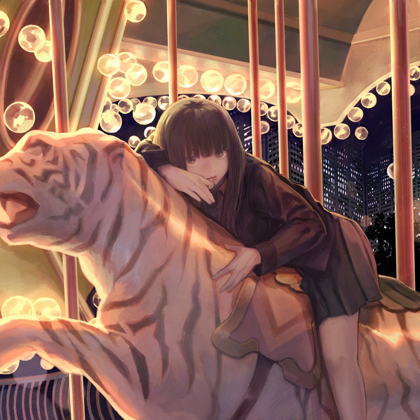 bad_id bad_pixiv_id brown_eyes brown_hair carousel female highres long_hair looking_at_viewer lying on_stomach original solo zipperradio