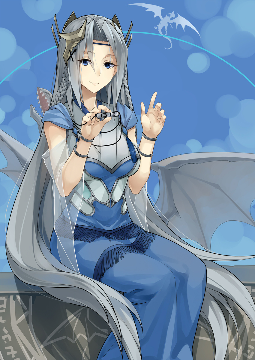 absurdres armor blue-eyes_white_dragon blue_eyes breastplate breasts clothing_cutout commentary_request dragon duel_monster female frostcyco grey_hair highres large_breasts long_hair looking_at_viewer monster priestess_with_eyes_of_blue sharp_teeth sitting smile solo teeth underboob_cutout very_long_hair wings yu-gi-oh!