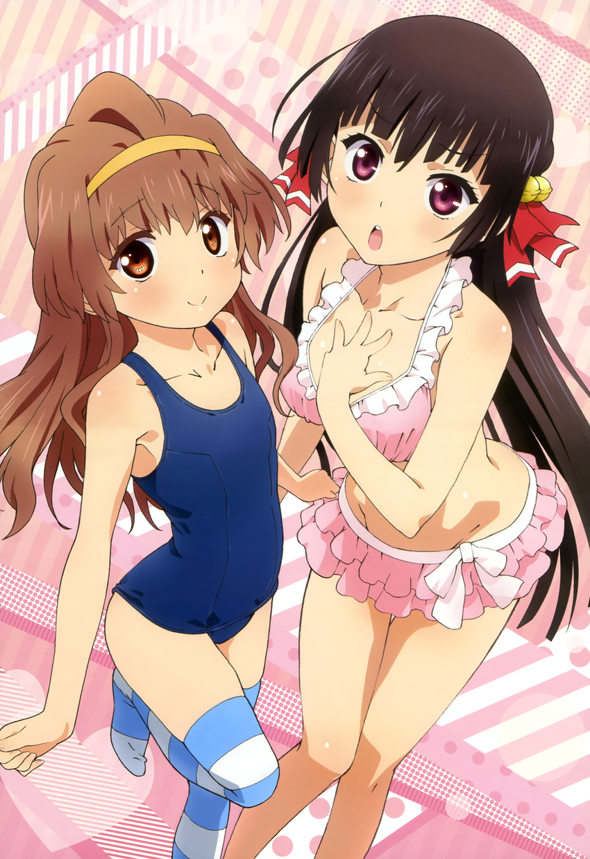 2girls :o absurdres bikini frilled_bikini frills hairband hand_on_own_chest highres himenokouji_akiko long_legs multiple_girls no_shoes nyantype official_art one-piece_swimsuit onii-chan_dakedo_ai_sae_areba_kankeinai_yo_ne sano_takao scan school_swimsuit striped_clothes striped_thighhighs swimsuit takanomiya_arisa thighhighs