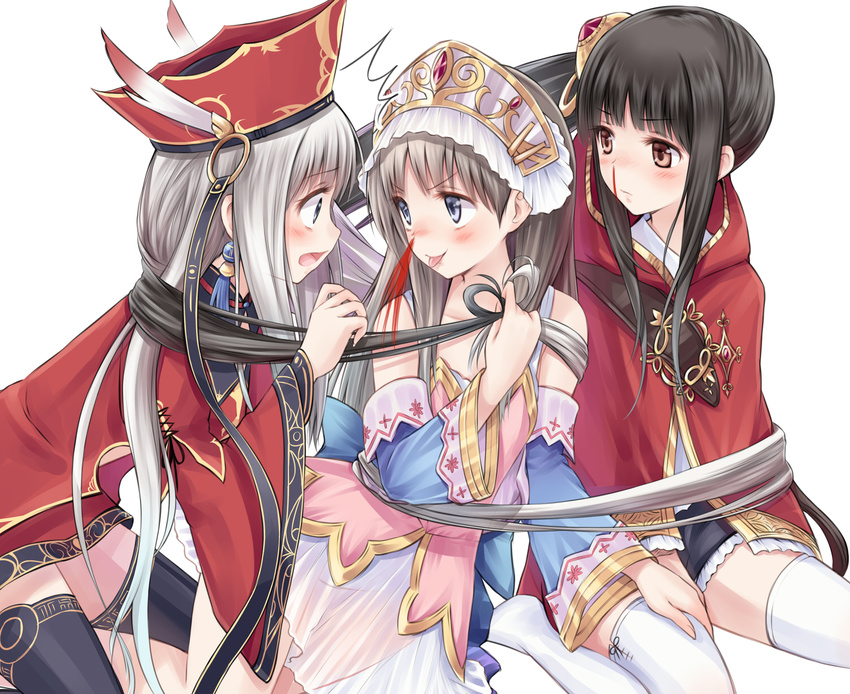 3girls :p ^^^ atelier_(series) atelier_judie atelier_totori bare_shoulders binding black_hair blood blue_sleeves blush brown_eyes brown_hair commentary_request grabbing_another's_hair hair_ornament hat highres in-franchise_crossover judith_volltone long_hair mimi_houllier_von_schwarzlang multiple_girls nosebleed open_mouth purple_eyes silver_hair suzushiro_yukari thighhighs tongue tongue_out totooria_helmold very_long_hair white_legwear yuri