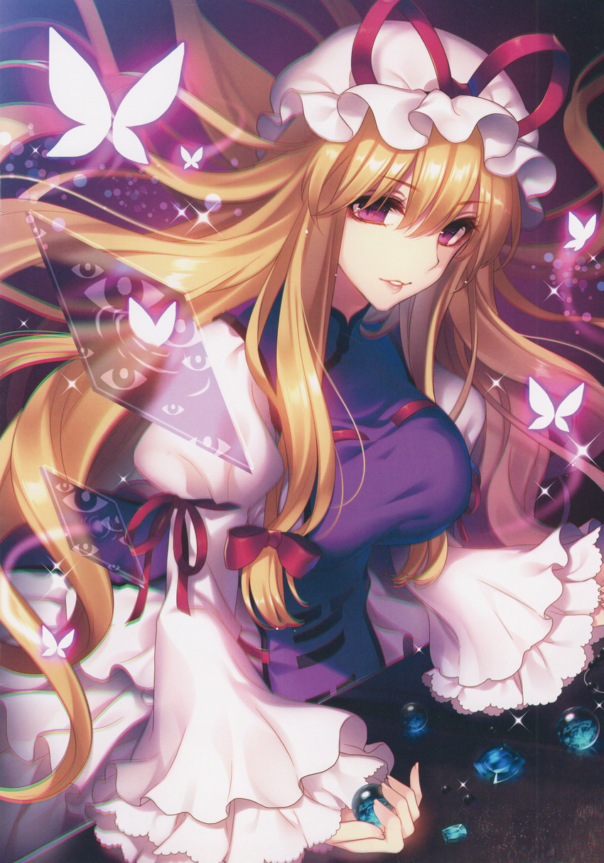 absurdres blonde_hair bow bug butterfly chromatic_aberration dress dutch_angle female gem hair_ornament hairbow hat hat_ribbon highres long_hair long_sleeves looking_at_viewer masaru.jp mob_cap obsidian_(gemstone) parted_lips puffy_sleeves purple_eyes ribbon scan smile solo sparkle tabard touhou white_dress wide_sleeves yakumo_yukari