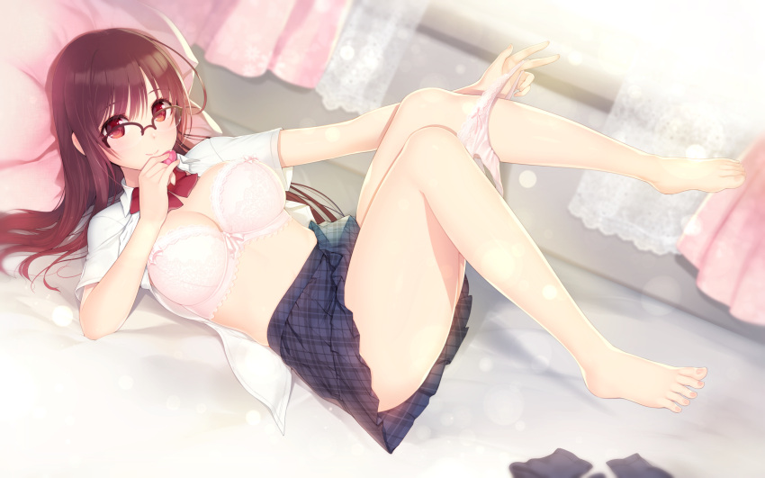 ahoge arima_senne barefoot bed bedroom bra breasts brown_hair feet female glasses highres kashiwamochi_yomogi large_breasts lingerie long_hair lying midriff on_bed open_clothes open_shirt original panties panty_pull red_eyes ribbon school_uniform shirt skirt smile solo thighs underwear