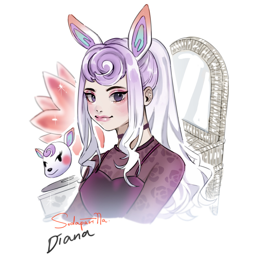 absurdres animal_crossing animal_ears artist_name character_name choker deer deer_ears diana_(animal_crossing) female flower highres humanization long_hair makeup mirror multicolored_hair ponytail purple_eyes purple_hair solo two-tone_hair white_background white_hair yunny_(cureyunny)