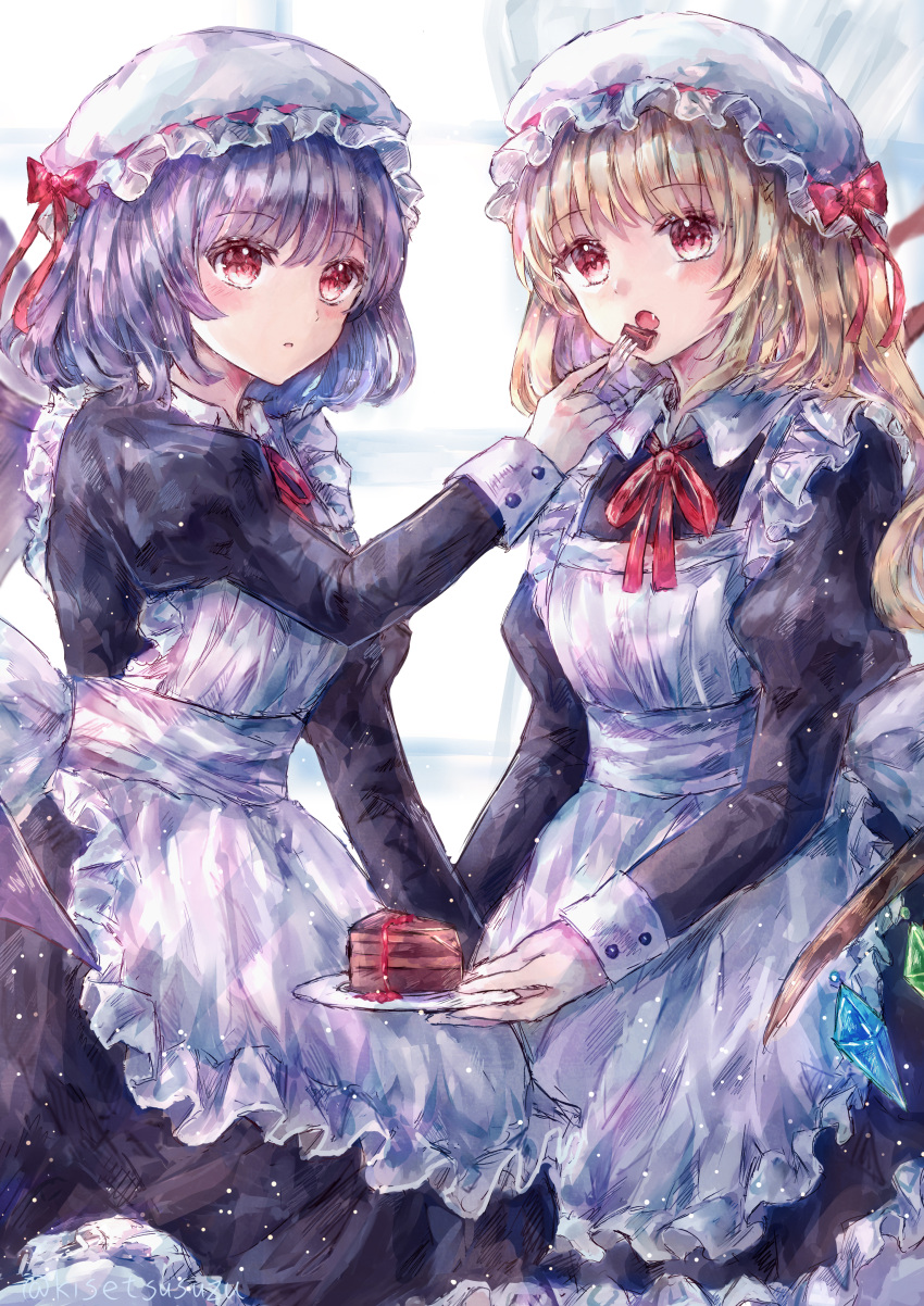 2girls :o absurdres alternate_costume apron bad_id bad_pixiv_id black_dress blonde_hair bow breasts cake commentary dress feeding feet_out_of_frame flandre_scarlet food hat hat_bow highres holding holding_plate juliet_sleeves long_sleeves looking_at_viewer medium_hair mob_cap multiple_girls neck_ribbon oerba_yun_fang one_side_up open_mouth plate puffy_sleeves purple_hair red_bow red_eyes red_ribbon remilia_scarlet ribbon short_hair siblings simple_background sisters small_breasts suzushina touhou white_apron white_background white_headwear