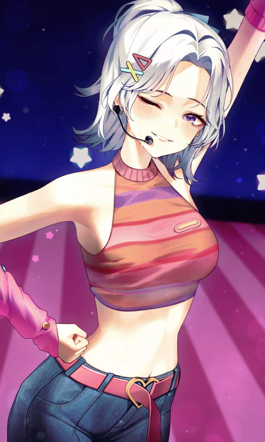 absurdres arm_up bad_id bad_pixiv_id bare_shoulders belt blush breasts clenched_hand commentary crop_top denim female highres idol ine_(vtuber) jeans kim_ur medium_breasts medium_hair microphone midriff navel one_eye_closed pants parted_bangs pink_belt ponytail purple_eyes sleeveless smile solo stomach sweat virtual_youtuber waktaverse white_hair