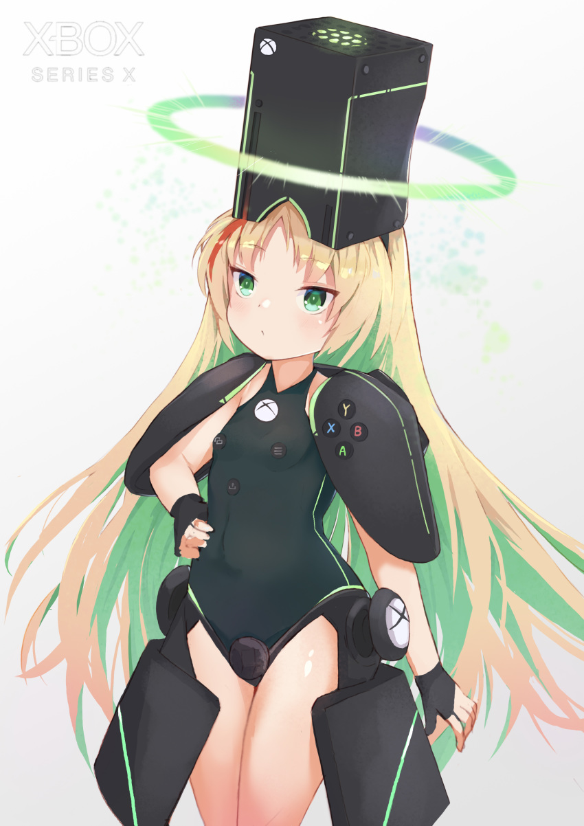 absurdres black_gloves black_hat black_leotard blonde_hair breasts closed_mouth commentary_request covered_navel female gloves glowing gradient_background green_eyes green_hair grey_background hand_on_own_hip hat highres kobi_(piliheros2000) leotard long_hair looking_at_viewer multicolored_hair original parted_bangs partially_fingerless_gloves personification photoshop_(medium) red_hair small_breasts solo streaked_hair two-tone_hair very_long_hair white_background xbox_series_x