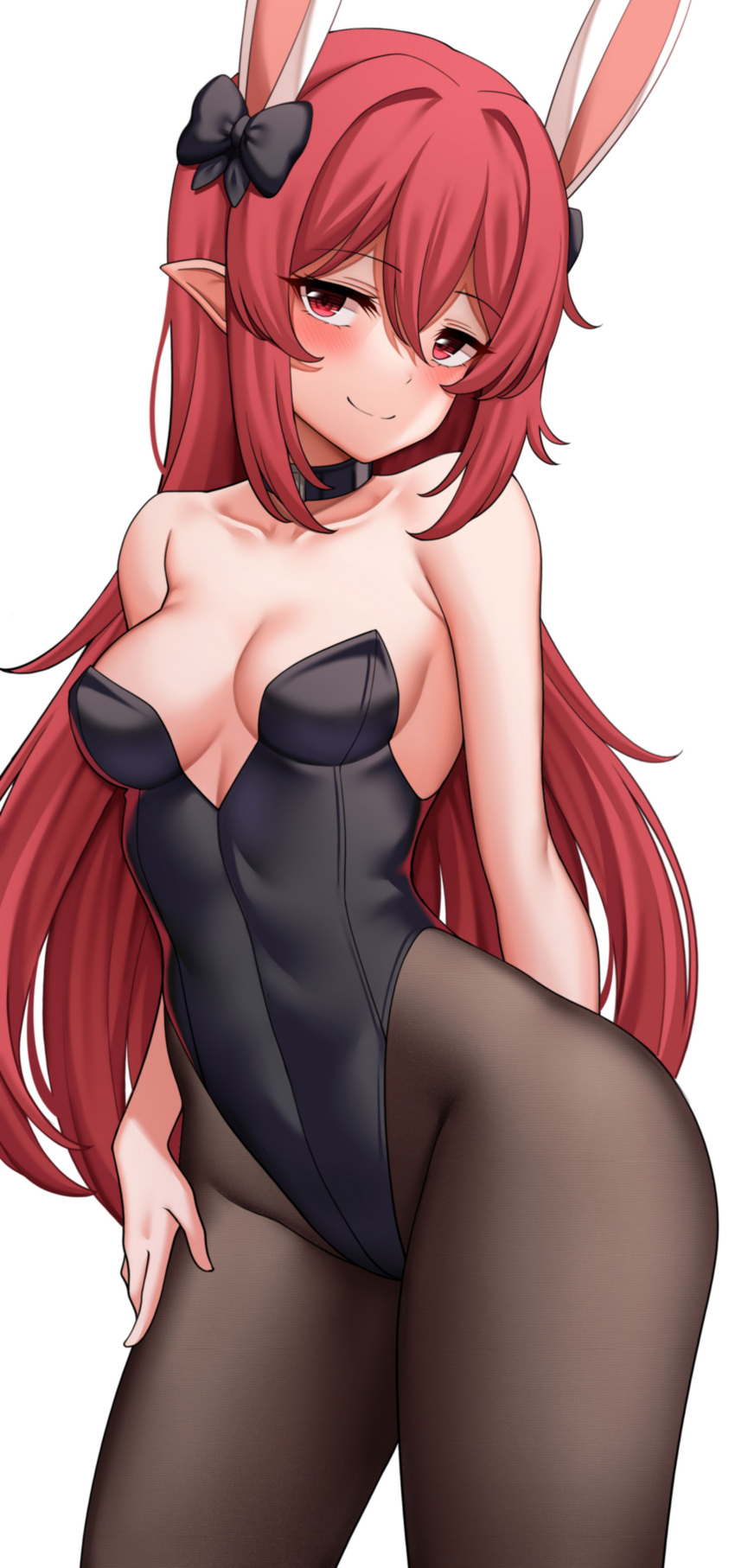 absurdres animal_ears bare_shoulders black_pantyhose blush bow breasts choker cleavage closed_mouth commentary commission female hair_between_eyes highres landel long_hair looking_at_viewer medium_breasts original pantyhose pixiv_commission playboy_bunny pointy_ears rabbit_ears red_eyes red_hair simple_background smile solo symbol-only_commentary thighs white_background working_slave_(character)