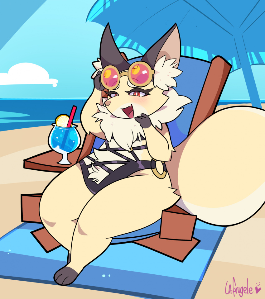 anthro beach beach_blanket beach_umbrella beverage big_tail blue_sky blush canid canine chair clothing cygames eyewear female fox furniture hi_res inner_ear_fluff la-frugele mammal neck_tuft parasol red_eyes seaside shirano short_stack signature sky smile solo sunglasses swimwear tail thick_thighs tuft umbrella world_flipper