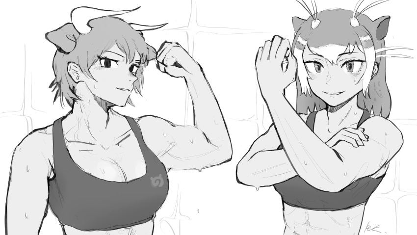 2girls abs animal_ears antenna_hair arm_at_side arm_up arms_up aurochs_(kemono_friends) biceps breasts cleavage clenched_hand collarbone commentary cow_ears cow_horns empty_eyes extra_ears eyelashes flexing giant_otter_(kemono_friends) greyscale hand_on_own_arm highres horns japari_symbol k.k.k. kemono_friends long_hair looking_at_viewer monochrome multicolored_hair multiple_girls muscular muscular_female otter_ears parted_lips short_hair smile sports_bra stomach sweat symbol-only_commentary tan toned toned_female two-tone_hair upper_body