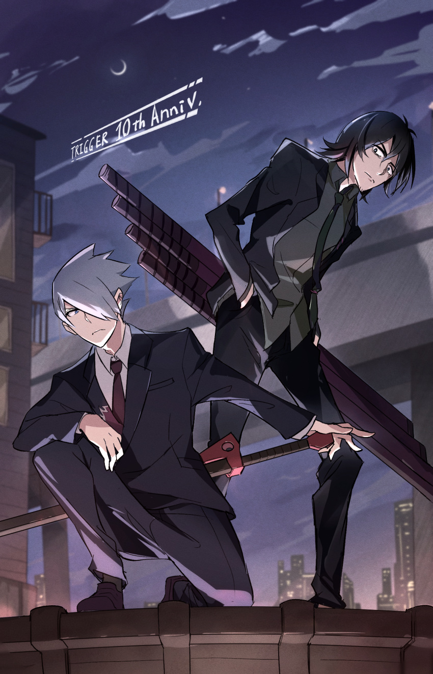 2boys aged_up anti_(ssss.gridman) black_hair blue_eyes business_suit closed_mouth facial_hair formal gridman_universe hair_over_one_eye hands_in_pockets highres long_sleeves multiple_boys necktie sakamoto_(ojiojiojisanda) samurai_calibur short_hair ssss.dynazenon ssss.gridman stubble suit sword weapon white_hair