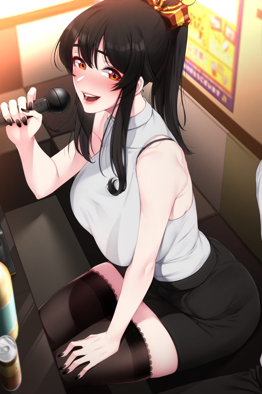 absurdres akchu alcohol bare_arms bare_shoulders beer_can black_hair black_legwear black_nails black_skirt blush bra_strap breasts brown_eyes can chobi_(akchu) drink_can female from_above grey_shirt hair_between_eyes hair_ribbon hand_on_own_thigh high_ponytail highres holding holding_microphone karaoke large_breasts long_hair looking_at_viewer microphone miniskirt music open_mouth original paid_reward patreon_reward photoshop_(medium) poster_(object) ribbon shirt sidelocks singing sitting skirt sleeveless sleeveless_shirt solo_focus table thighhighs thighs