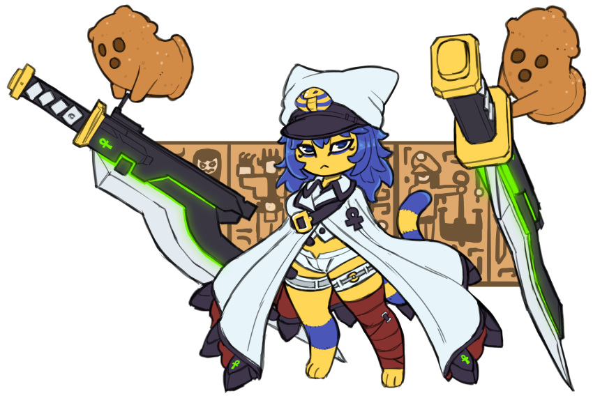 animal_crossing ankh ankha_(animal_crossing) anthro arc_system_works belt blue_body blue_fur blue_hair bottomwear breasts cape cloak clothed clothing cosplay crossover crossover_cosplay domestic_cat eyeshadow felid feline felis female full-length_portrait fur guilty_gear guilty_gear_strive gyroid hair hat headgear headwear hi_res looking_at_viewer makeup mammal markings medium_breasts multicolored_body multicolored_fur nintendo portrait ramlethal_valentine shorts siebedraws simple_background solo standing striped_markings striped_tail stripes tail tail_markings three-quarter_view two_tone_body two_tone_fur uraeus weapon white_background yellow_body yellow_fur