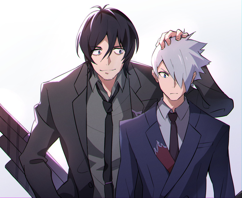 2boys aged_up anti_(ssss.gridman) black_hair blue_eyes business_suit closed_mouth facial_hair formal grey_hair gridman_universe hair_over_one_eye hand_on_another's_head highres long_sleeves multiple_boys necktie sakamoto_(ojiojiojisanda) samurai_calibur short_hair ssss.dynazenon ssss.gridman stubble suit