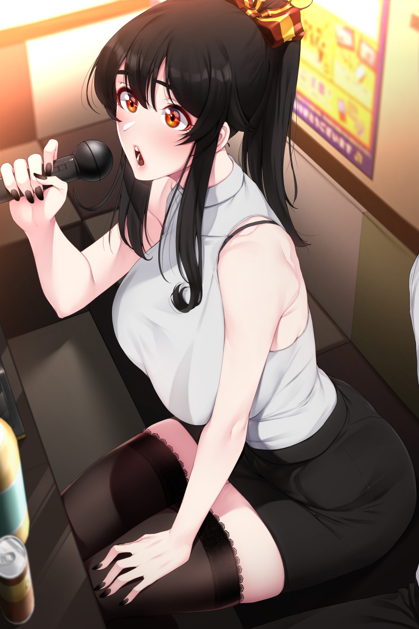 absurdres akchu alcohol bare_arms bare_shoulders beer_can black_hair black_legwear black_nails black_skirt blush bra_strap breasts brown_eyes can chobi_(akchu) drink_can female from_above grey_shirt hair_between_eyes hair_ribbon hand_on_own_thigh high_ponytail highres holding holding_microphone karaoke large_breasts long_hair microphone miniskirt music open_mouth original paid_reward patreon_reward photoshop_(medium) poster_(object) ribbon shirt sidelocks singing sitting skirt sleeveless sleeveless_shirt solo_focus table thighhighs thighs