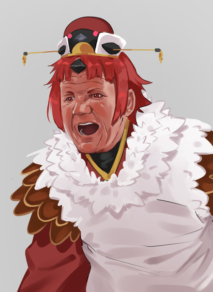 1boy absurdres benienma_(fate) benienma_(fate)_(cosplay) bird_hat commentary cosplay english_commentary fate/grand_order fate_(series) feathers gordon_ramsay grey_background hell's_kitchen highres japanese_clothes jun_(rand) kimono male_focus meme open_mouth parody parted_bangs realistic red_hair short_hair shouting sidelocks solo trait_connection upper_body wide_sleeves wrinkled_skin