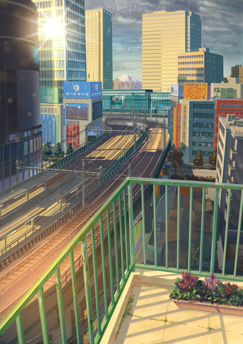 absurdres bad_id bad_pixiv_id billboard building cityscape commentary_request flower_box gingham_vest glint grey_sky highres mount_fuji no_humans outdoors railing railroad_tracks rain road scenery shadow sky skyscraper tenki_no_ko tokyo_(city) train_station