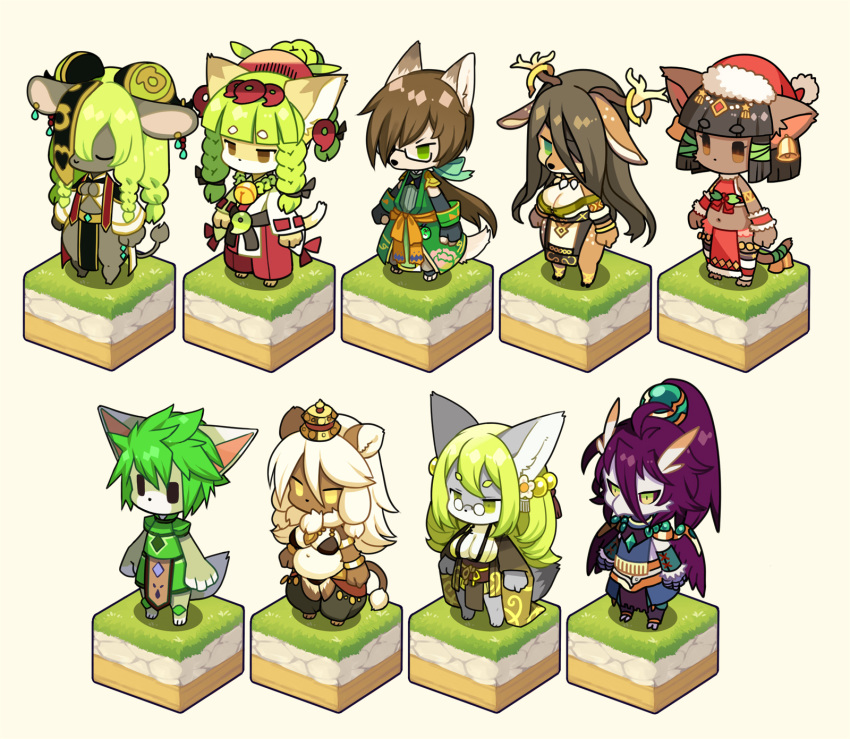 3boys 6+girls animal_ears animal_nose antlers bastet_(fullbokko_heroes) black-framed_eyewear body_fur breasts brown_eyes brown_fur brown_hair cat_ears cat_girl cat_tail catoblepas_(fullbokko_heroes) cavall_(fullbokko_heroes) cernunnos_(fullbokko_heroes) closed_eyes commentary_request dawon_(fullbokko_heroes) feathers feline fullbokko_heroes furry furry_female glasses green_eyes green_fur green_hair grey_fur hat highres horns inukawa_sousuke_(fullbokko_heroes) kishibe kushinada_(fullbokko_heroes) long_hair magatama medium_breasts medium_hair multiple_boys multiple_girls navel oota_sukemoto_(fullbokko_heroes) plump purple_feathers purple_hair quetzalcoatl_(fullbokko_heroes) reindeer_antlers santa_hat semi-rimless_eyewear short_hair simple_background small_breasts snout standing tail under-rim_eyewear white_background white_fur white_hair wings yellow_eyes yellow_fur